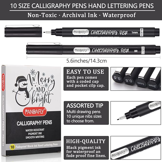 PANDAFLY Calligraphy Pen, 10 Size Calligraphy Pens for Writing, Brush Pens Calligraphy Set for Beginners, Hand Lettering Pen for Art Drawing, Sketching, Scrapbooking