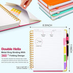 Hardcover Spiral Notebook 8.5"x11" Journal Notebook with Tabs and Removable Dividers 300 Pages 5 Subject Notebook College Ruled, Faux Leather Spiral Bound Notebook for Women School Work (Rose Red)