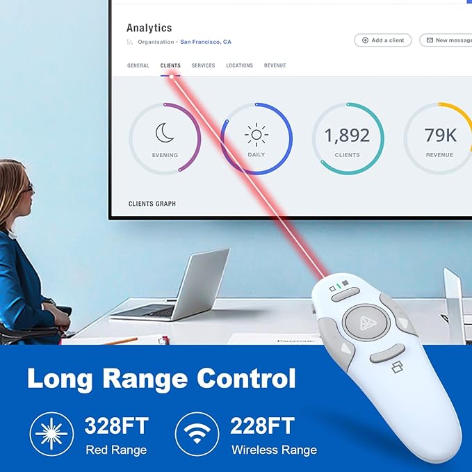 QUI Presentation Clicker Wireless Presenter Remote Clicker for PowerPoint Presentation Remote, PowerPoint Slide Advancer for Mac/Windows/Linux, Google Slide/PPT/Keynote, USB A, Blue