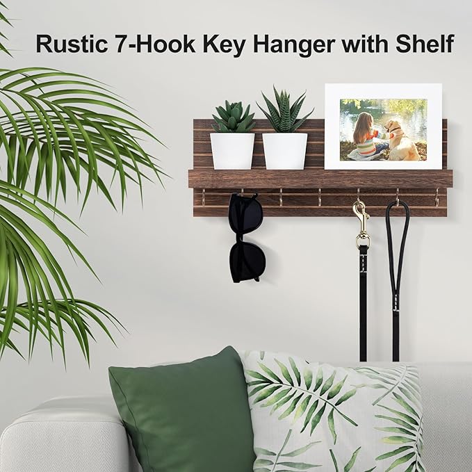 Lwenki Decorative Key Holder for Wall with Shelf, Entryway Shelf with Hooks Holds Leashes, Jackets and Glasses – Sturdy Wood Keyholder Entrance Hanger with Mounting Hardware (Brown, Large)