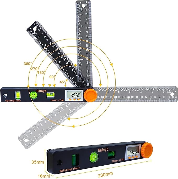 Rainyb Digital Angle Finder Tool 7inch 0-360 degree LCD Digital Protractor with Horizontal Vertical Bubble Levels and Ruler Meter Accurate Tools for Carpenters,Woodworkers,Fabricators（7-Inch X 2Pcs）