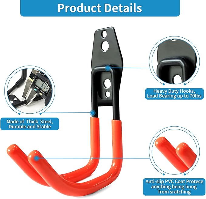 GeeWatom Garage Storage Utility Hooks，Garage Garden Tool Organizer，Steel Wall Mount Hooks, Large Garden U Hooks （2 Pack） (Type-2-Orange)