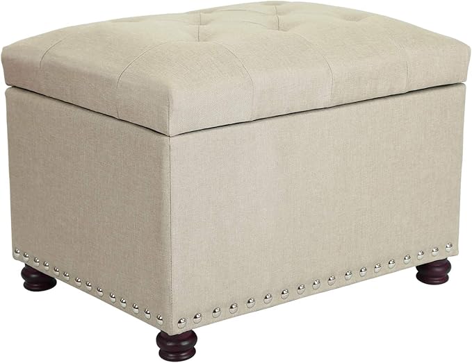 Decent Home 24" Storage Ottoman, Fabric Ottoman Foot Rest Stool with Hinged Lid, Tufted Rectangle Upholstered Footstool, Load Up to 350 lb, for Living Room, Bedroom, Dorm, Tan