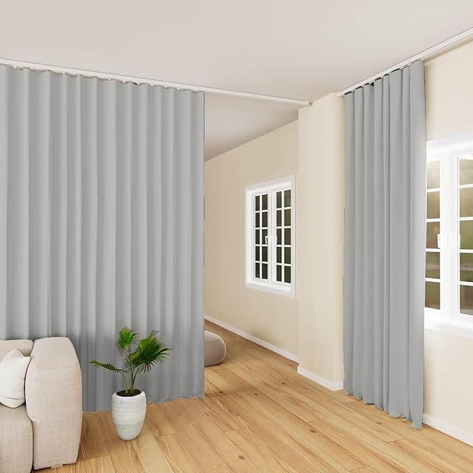 Hoeflife Room Divider Curtains Blackout Floor to Ceiling Curtain with Hook Wall Mount Sliding Door Curtains Ceiling Mount Extra Wide Curtain Wall Divider for Room Separation(Light Grey,W180 x H96 in)
