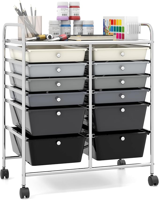 Giantex 12 Drawer Rolling Storage Cart Tools Scrapbook Paper Office School Organizer (Black Gradient)