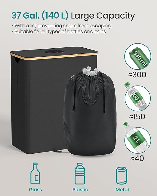SONGMICS Recycling Bin for Kitchen 37 Gallon. Bottle Recycling Container, Collection Bin, for Metal, Plastic, Paper, Glass, Inner Bag with Handles, Kitchen, Ink Black and Natural Beige URRB513B01