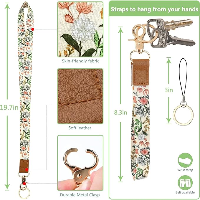 Bolimoss Aesthetic Lanyard with ID Holder for Women & Nurses - Floral ID Badge Holder with Neck Lanyard & 4 Card Slots, Side Zipper Pocket