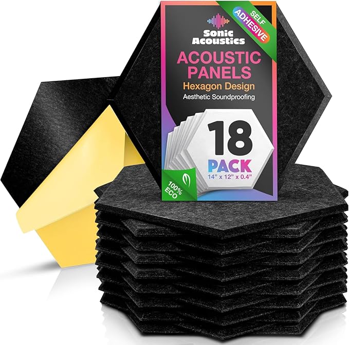 Acoustic Panels 18 Pack Soundproof Wall Panels, 14" X 12" X 0.4" Sound Proof Panles, High-Density Wall Decoration Sound Absorbing Panel, Hexagon Wall Panel for Home Office with Self-Adhesive (Black)