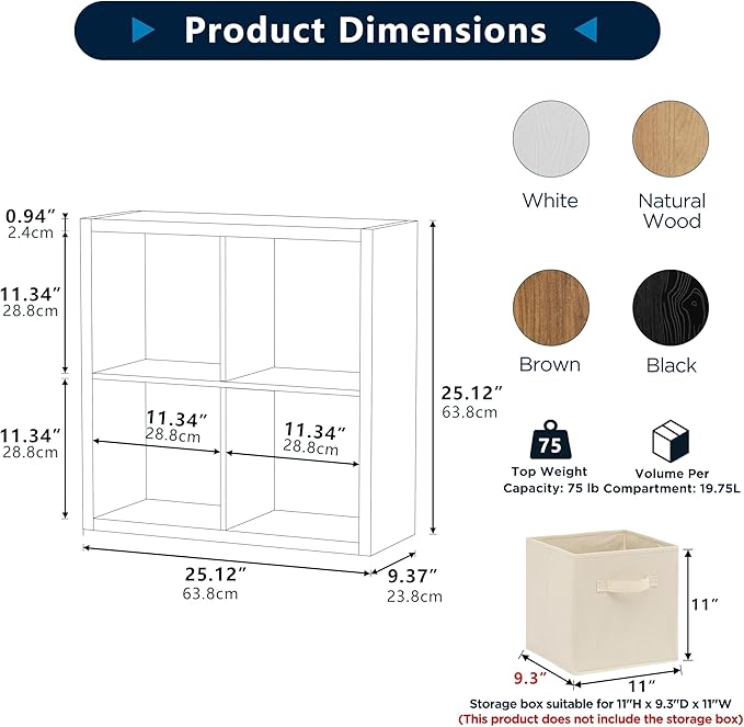4 Cube Storage Organizer, 2x2 Cube Bookshelf, Cubby Storage Shelf, Wooden Organizer Shelf with Thickened Boards, for Closet Bedroom Home Office Living Room, 25.12" L x 9.37" W x 25.12" H, Natural-Oak