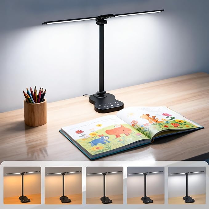 Ddlisu LED Desk Lamp with USB Charging Port, 5 Color Modes 10 Brightness, Dual Swing Arm Dimmable Desk Lamps for Home Office Nail Dorm (Black)