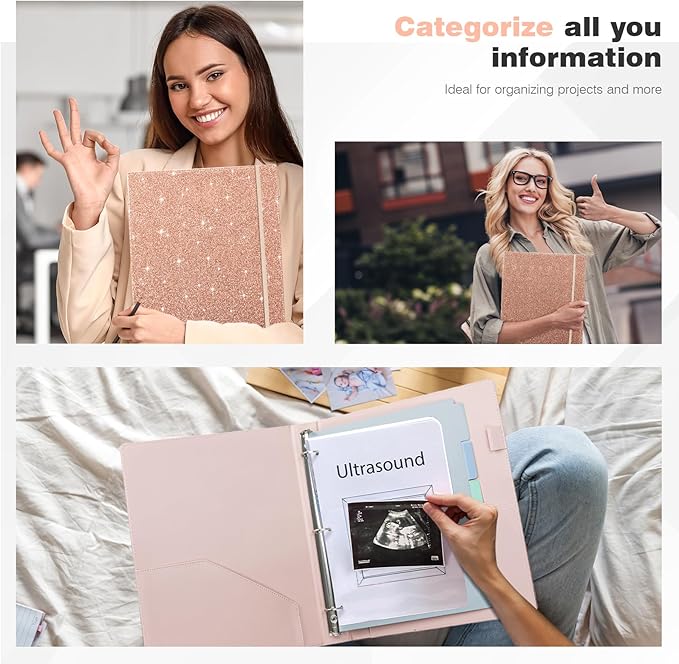 Ospelelf Vintage Hardcover 3 Ring 1 inch Leather Binder, Professional Binders Organizer Suitable for Letter Size Documents, Binder Dividers with Tabs, Faux Glitter Rose Gold Leather