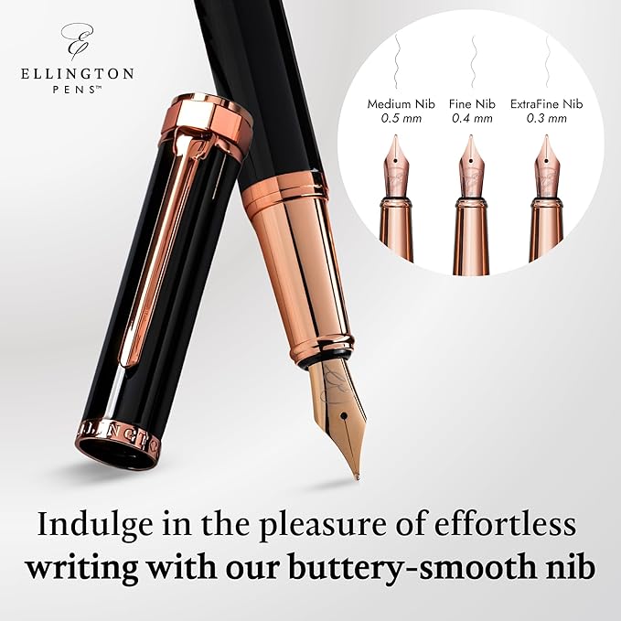 Ellington Pens Luxury Fountain Pen Set - Extra Fine Nib- Includes 3 Ink Cartridges, Refillable Ink Converter, Gift Box- Fountain Pens For Writing, Calligraphy, Journaling, Sketching (Midnight Rose)