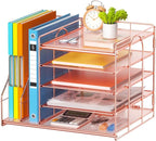 Marbrasse Desk Organizer with File Holder, 5-Tier Paper Letter Tray, Mesh Desk Accessories, Magazine Holder, Desktop Organizer and Storage for Office Supplies, Rose Gold