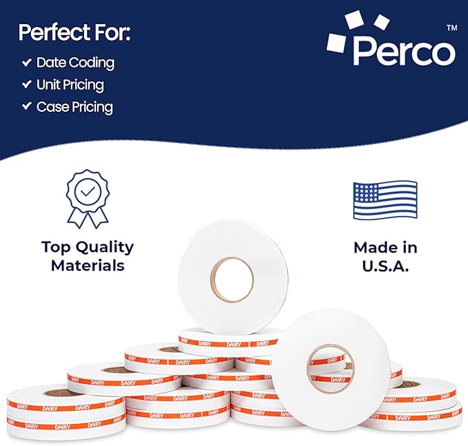 Perco Orange Reverse Print on White Dairy Labels to fit Monarch 1110 Price Gun - 16 Rolls, 17,000 Labels with Ink Roll Included