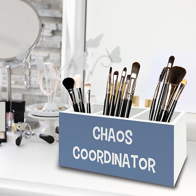 XPH Chaos Coordinator Blue Pen Pencil Holder Organizer for Desk, Thank You Gifts for Women Men Coworkers Boss Leader Manager, Appreciation Gifts Wooden Box Sign for Office Tabletop Decorations