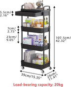 Calmootey 4-Tier Rolling Utility Cart with Drawer,Multifunctional Storage Organizer with Plastic Shelf & Metal Wheel,Storage Cart for Kitchen,Bathroom,Living Room,Office,Black