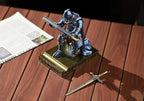 Amoysanli Medieval Armored Warrior Wearing Outerwear, Mobile Phone Stand Knight Pen Holder Desk Organizers, Resin Bookends Paperweight with a Letter Opener for Desk (Blue)