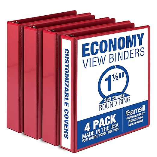 Samsill 1.5 Inch 3 Ring Binders, Made in USA, Economy Round Ring, Clear View Cover, 325 Sheet Capacity - for School, Home, Office - Red, 4 Pack