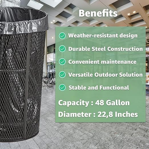 Zedfire 48 Gallon Mesh Black Waste Bin, Steel Outdoor Heavy-Duty Commercial Trash Can, Round Recycle Container, Durable Garbage Can for Parks, Municipalities, Parking, Schools