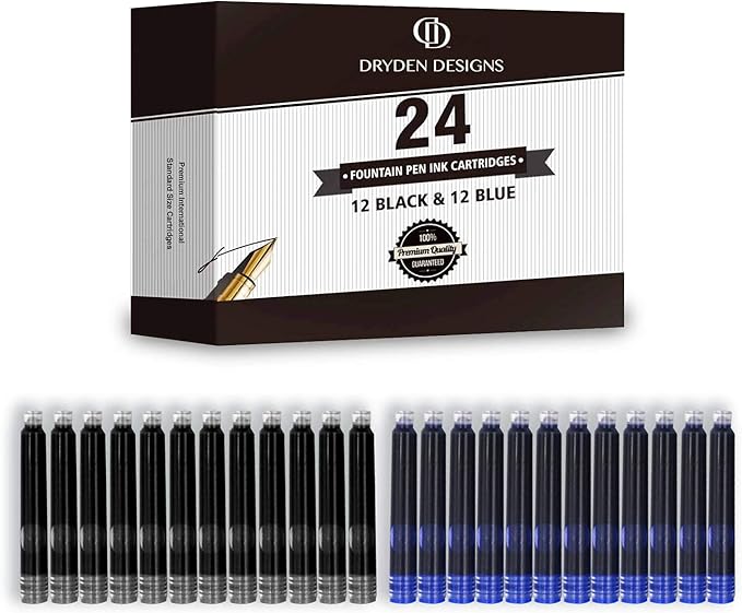 Dryden Designs Fountain Pen - Medium and Fine Nibs | Includes 24 Ink Cartridges and Ink Refill Converter | Calligraphy Pen, Consistent Writing, Smooth Look - Intense Black.
