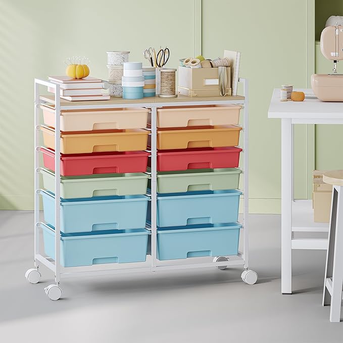 Rolling Storage Cart with 12 Drawers, Wooden Tabletop Utility Cart for Craft Storage, Art Supply Storage & Home Office Organization, Teacher Cart with Wheels for Classroom, School (Rainbow)
