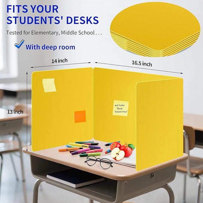 6 Pack Yellow Desk Dividers for Students, Privacy Shields Folder for Students, Durable & Waterproof Plastic Study Board, Classroom Teacher Supplies Test Divider, Includes Extra Labels