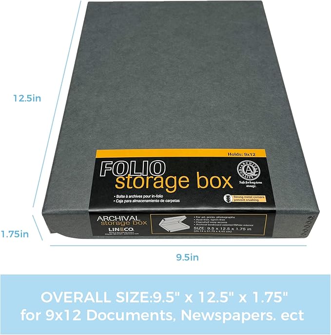 Lineco, 9x12 Gray Clamshell Archival Folio Storage Box, 1.75 Depth, Acid-Free, with Metal Edge, Preserves Picture Longevity, Store Photos Documents