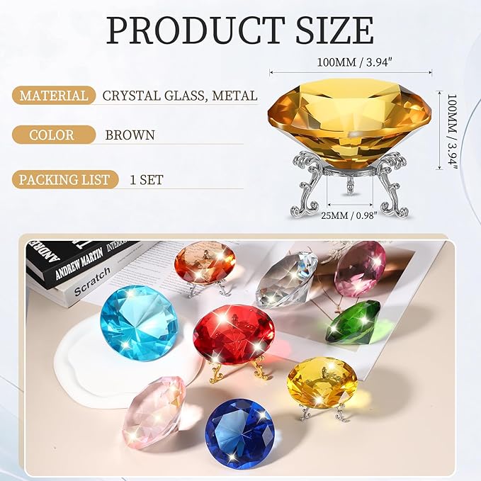 PATIKIL Diamond Crystal Paperweight, 100mm / 3.94" Crystal Paperweight Paper Weight with Silver 25 Metal Base for Home Office Desktop Table Decor Wedding Party Ornaments, Brown