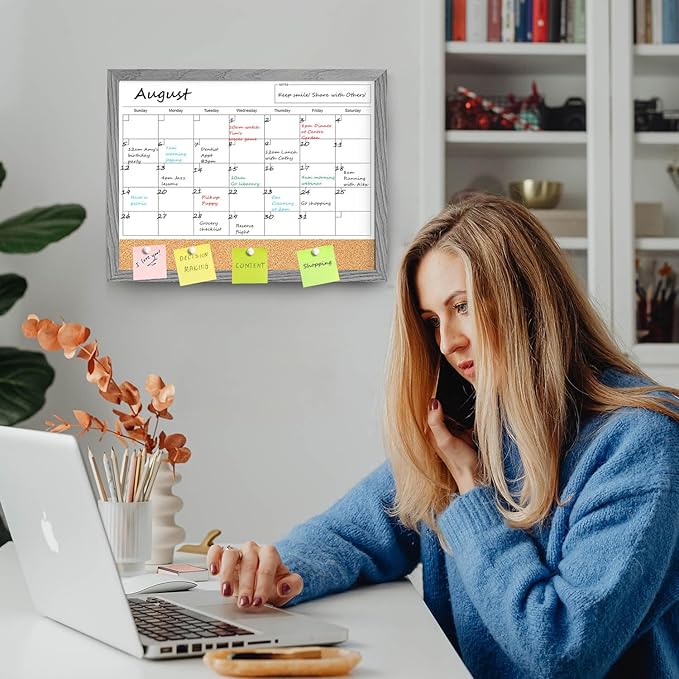 Calendar Whiteboard for Wall, 17x13 Inches Dry Erase Calendar Cork Board Combo, Magnetic Monthly White Board with Wood Framed, Hanging Dry Erase Board for Home Kitchen Office Planner Memo
