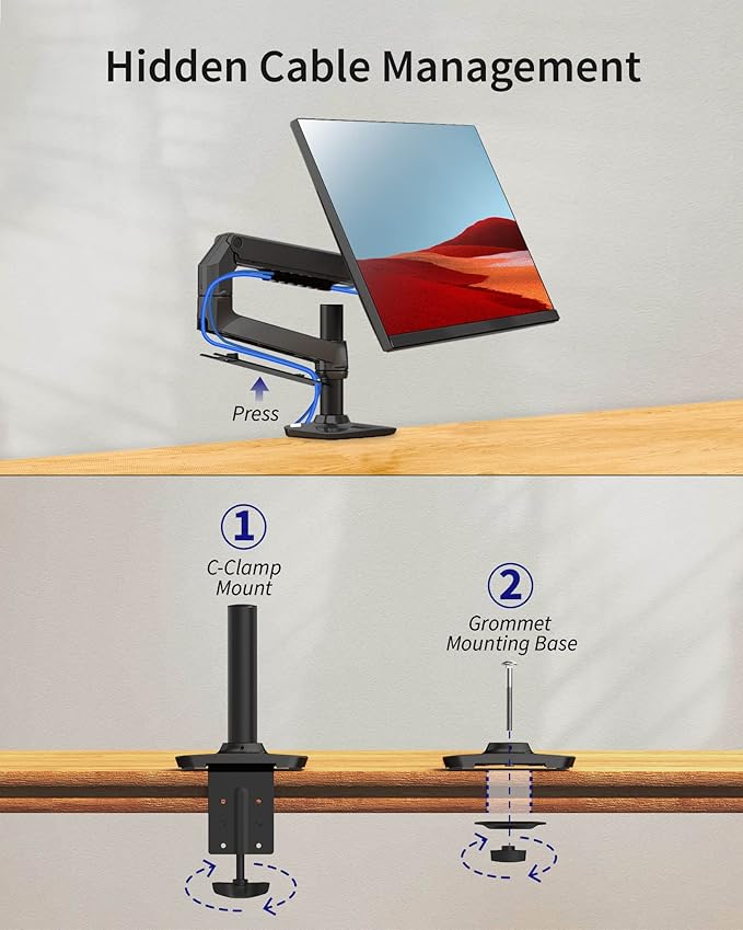 Ergounion Single Monitor Arm Desk Mount, Holds Screens up to 40 Inches and 25 lbs, Fully Adjustable Vesa Monitor Mount with C-Clamp and Grommet Base, Aluminum, Black