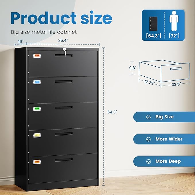 PEUKC 5 Drawer File Cabinet, Lateral Filing Cabinets for Home Office, Office Storage Drawers with Lock, Hanging Files Legal/Letter A4 Size (Assemble Required,Black)