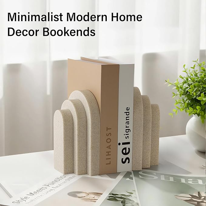 LIN CHUAN Heavy Duty Bookends for Shelves, 6.6 LBS Heavy Book Ends for Heavy Books, Decorative Modern Bookends with Faux Sandstone Look, Layered Arch Book Stopper for Bookshelf Holder Set of 2, Beige