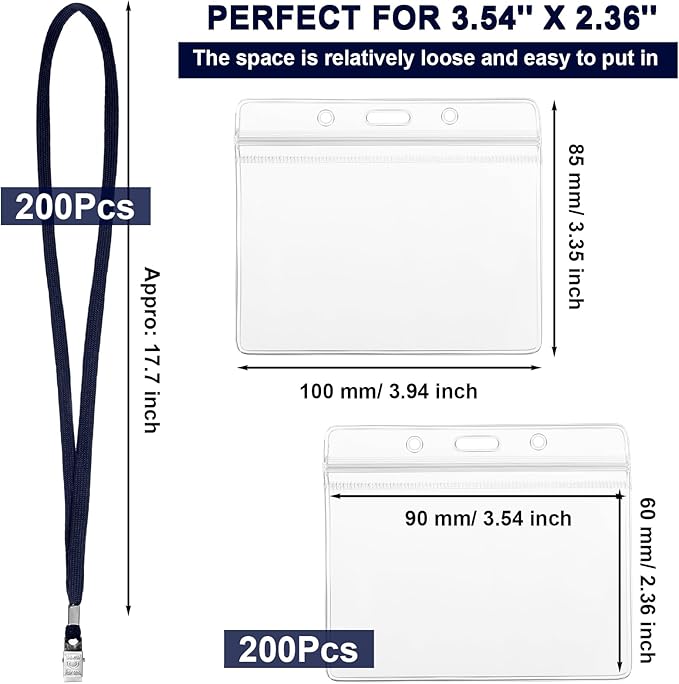 Marspark 200 Sets Clear Name Tags with Lanyard, Lanyards for ID Badges Reusable Strap with ID Holder Plastic Name Badges for Adults Business School Church Conference (Dark Blue)