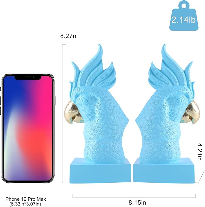 JOOMBE Blue Parrot Decorative Bookends,Set of 2 Cute Bird Animal Sculpture Book Ends to Hold Hevay Duty Books,Unique Resin Statues Book Stopper for Home Office Desk Bookshelf Decor