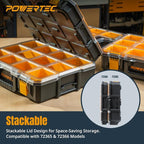 POWERTEC Small Parts Organizer & Tool Box – 10 Compartments, IP65 Water & Dust Protection, Stackable Storage with Interlocking Latch, Removable Tray, Clear Lid, Portable Design, 2-Pack (72365-P2)