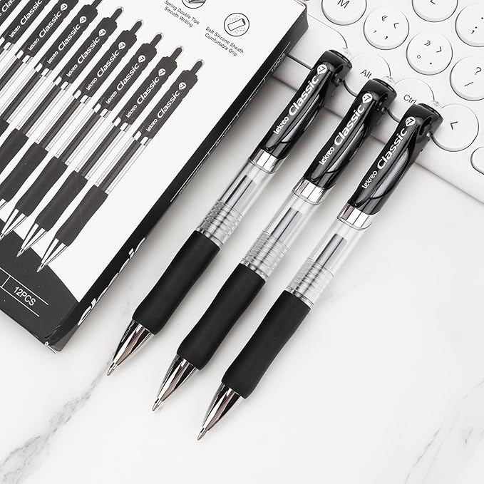Lekreo Classic Retractable Gel Roller Pens, 0.7mm Fine Point (Black Ink- 12 Packs)
