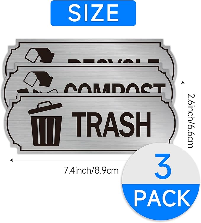 3PCS Recycle Stickers for Trash Bins, Self-Adhesive Waterproof Brushed Silver Trash Compost and Recycling Stickers for Trash Can, Kitchen, Office, Garbage Bin Indoor, Outdoor Use