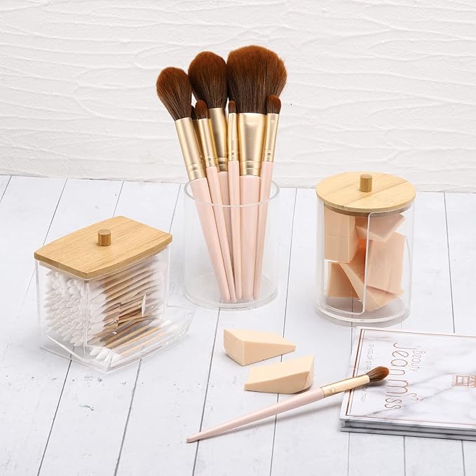 Tbestmax Bathroom Organizer Accessories Set-10 OZ Qtips Holder Storage with Bamboo Lids, Cotton Ball/Swabs Dispenser, Apothecary Container Jar 3 Pcs