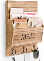 DLQuarts Mail Organizer with Key Holder for Wall Decorative Mail Sorter Wall Mounted, Wooden Mail Holder with 3 Hooks, Carbonized Brown