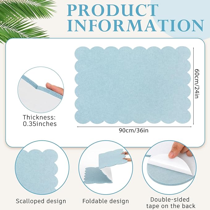 Mooliwe Scalloped Felt Bulletin Board 36 x 24 Inches Foldable Blue Pin Cork Board Alternative for Wall, 3' x 2' Trifold Picture Vision Self Adhesive Bulletin Decorative