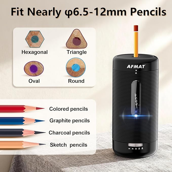 AFMAT Electric Pencil Sharpener, Fully Automatic Pencil Sharpener, Auto in & Out, Rechargeable Hands-Free Sharpeners for Jumbo & Colored Pencils (6.5-12mm), Portable for Home/Classroom/Office PSC2
