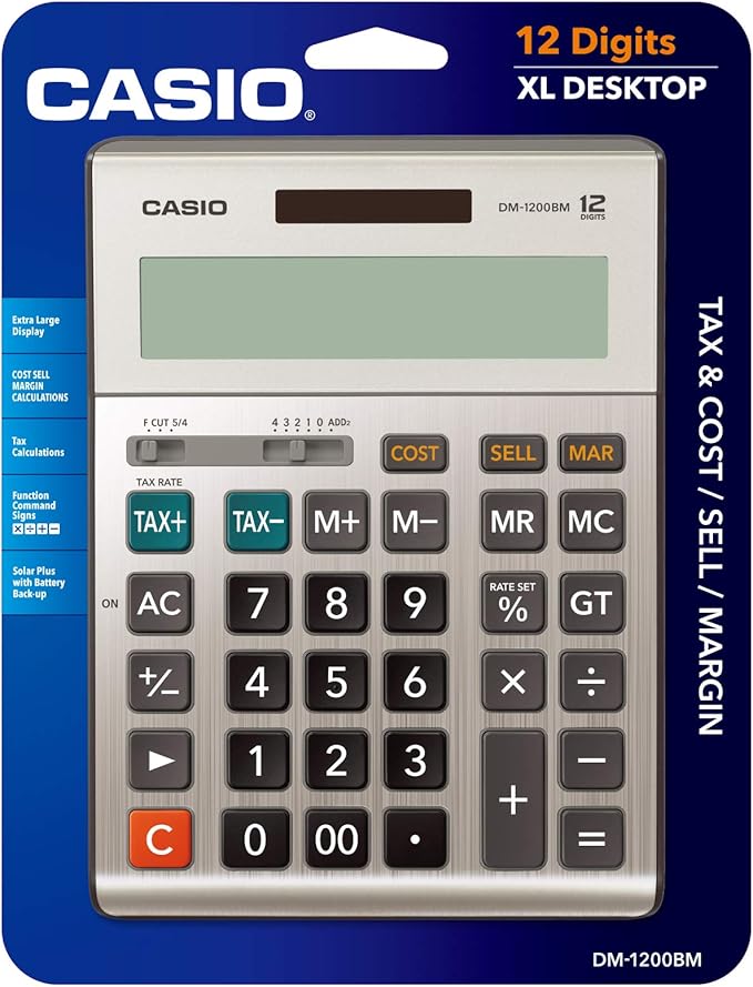 Casio DM-1200BM – Business Desktop Calculator with Cost/Sell/Margin & Tax Keys | Extra-Large 12-Digit Display, Kickstand | Ideal for Office & Finance Use