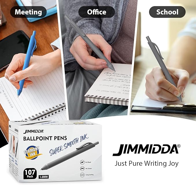 JIMMIDDA Pens Bulk, 107 Pack Ballpoint Black & Blue Ink, 1.0MM Medium Point Wholesale Retractable for Smooth Writing, Quick Drying No Bleed Journaling for Office School Supplies Home Work