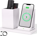 LADSTAG Desk Organizer with Phone Holder,White Multi-Functional Pencil Holder for Desk, Desk Organizers and Accessories for Office Art Supplies,Desk Phone Stand Charger for Desktop/Counter