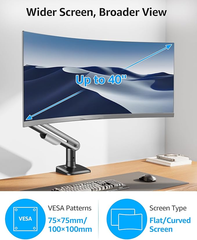 MOUNTUP Single Monitor Desk Mount for 4.4-26.5lbs, Heavy Duty Monitor Arm for 40 39 37 34 32 27inch, Full-Motion Monitors Stand, Height Adjustable Monitors Arm with C-Clamp＆Grommet Base
