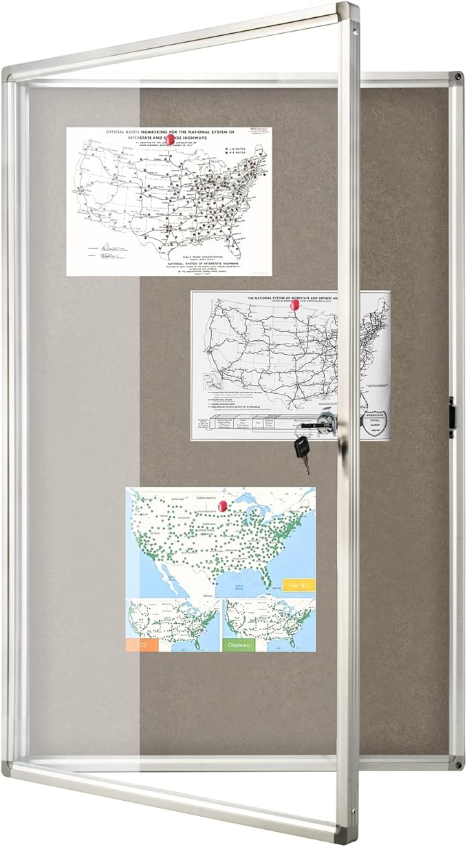 BEST BOARD Enclosed Bulletin Board Lockable Display Case Message Board with Locking Door for Indoor, Grey Felt, Aluminum Frame, 36 X 24 in