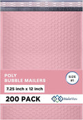 Light Pink Poly Bubble Mailers 7.25x12 inch #1 | Self Seal Padded Envelopes | Cushioned Bubble Mailer | Usable Size 7.25x11 | WaterProof | Lightweight mailing Shipping Bags | 200 Pack Bulk