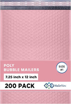 Light Pink Poly Bubble Mailers 7.25x12 inch #1 | Self Seal Padded Envelopes | Cushioned Bubble Mailer | Usable Size 7.25x11 | WaterProof | Lightweight mailing Shipping Bags | 200 Pack Bulk
