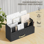 WISUCART Bamboo Desk Organizer Mail Holder Countertop Wood Desk Drawer Tabletop Storage Box Pen Holder Letter Sorter Makeup Organizer for School Home Office Supplies with Pen Holder Black