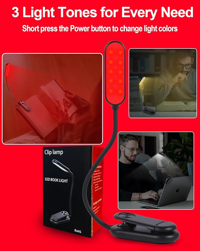 Finezeal 670nm Red Book Light [2 Pack] - Zero Blue Light, Rechargeable Clip On Red Reading Light Lamp for Reading at Night - Poratble Dimmable LED Book Lamp, Gift for Lovers Travel Studying Nursing